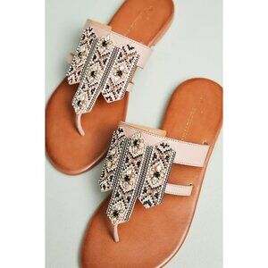 ANTHROPOLOGIE Embellished Beaded Boho Thong Leather Sandals 39 8.5 Pink Brown